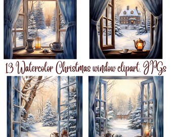 13 Watercolor Christmas window clipart,  JPG, Watercolor Christmas Clipart, Commercial USe, Digital Download, Christmas Clipart