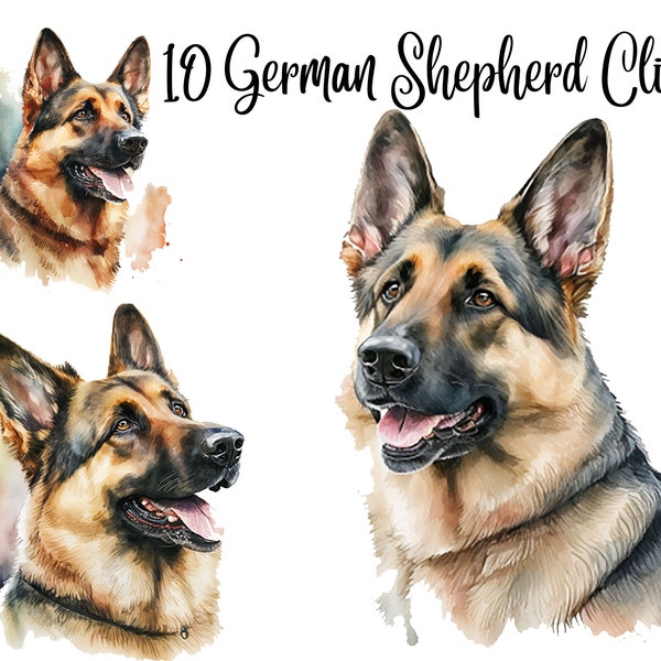 10 German Shepherd Clipart - High Quality JPGs - Digital Download - Card Making, Mixed Media,Digital Paper Craft, Watercolor clipart dog