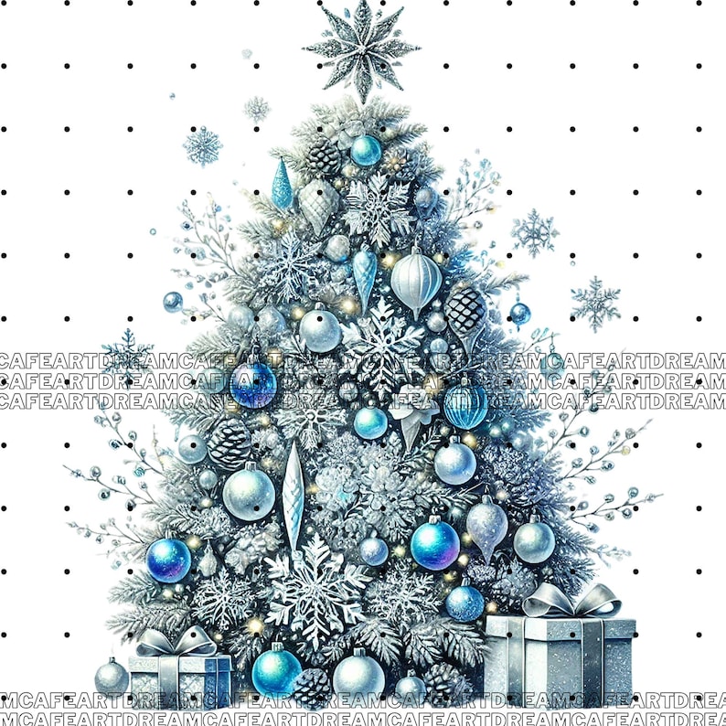 May include: A white Christmas tree decorated with silver and blue ornaments, snowflakes, and pine cones. The tree is topped with a silver star and has presents at the base.