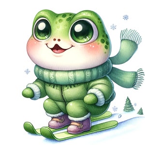 Puede incluir: Una rana verde con una chaqueta de invierno verde y una bufanda verde est&aacute; esquiando cuesta abajo por una colina nevada. La rana tiene ojos grandes y una expresi&oacute;n feliz.