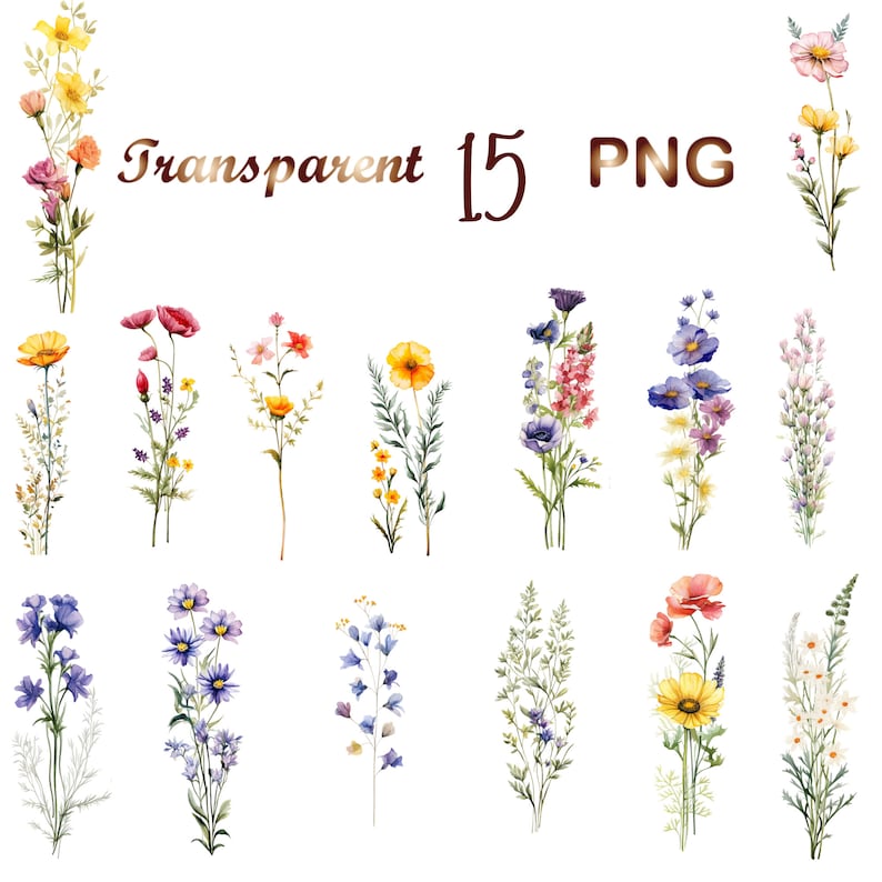 Peut inclure: Un ensemble de 15 illustrations d'aquarelle de fleurs sauvages, comprenant des fleurs jaunes, roses, bleues et violettes. Les illustrations sont sur un fond blanc et sont parfaites pour le scrapbooking num&eacute;rique, la fabrication de cartes et autres projets d'artisanat.