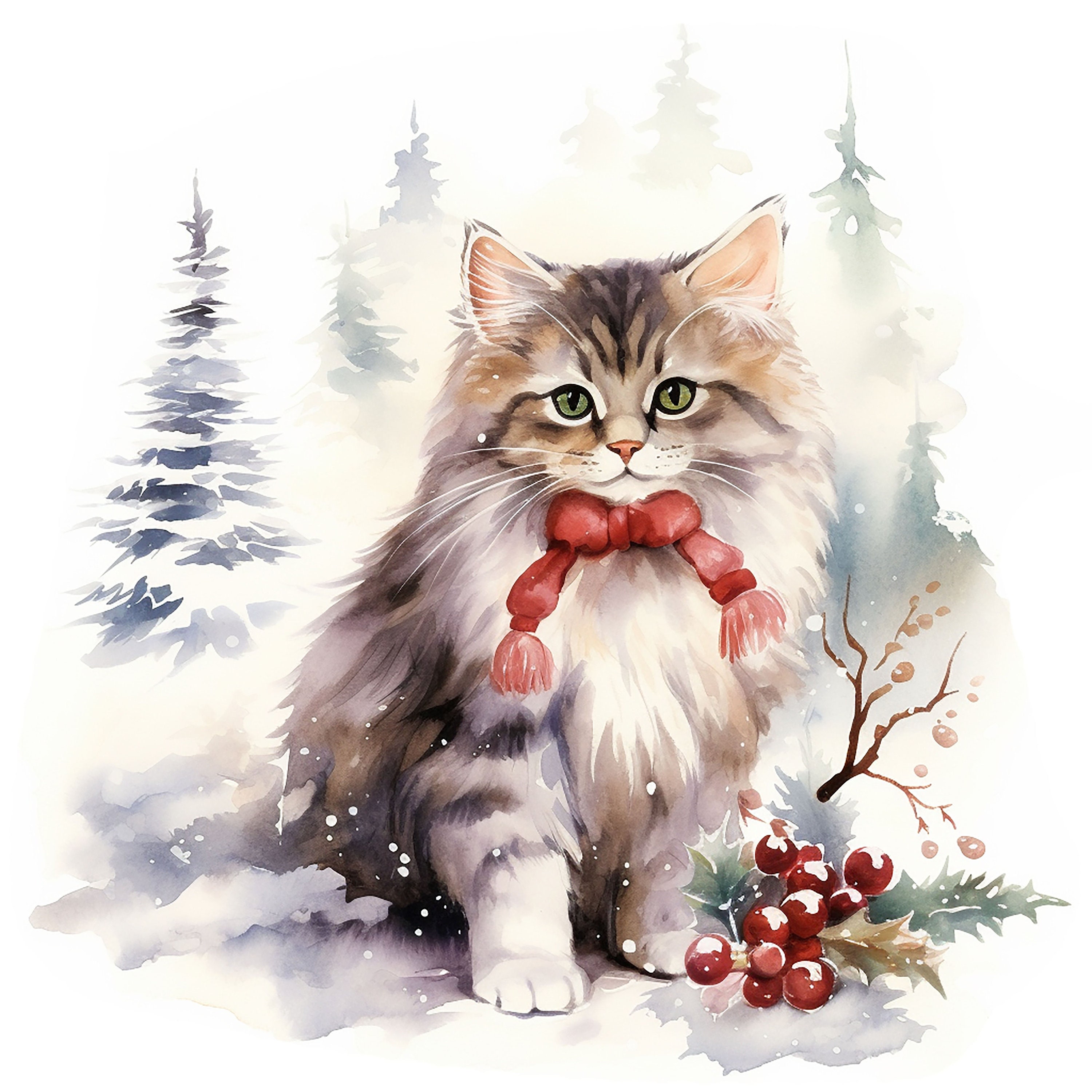 16 Winter Cat Clipart Jpgs, Printable Watercolor Clipart, Winter Cute ...