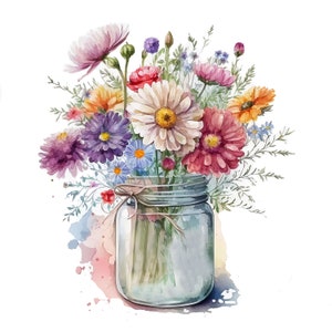 K&ouml;nnte beinhalten: Ein Aquarellbild eines Strau&szlig;es bunter Wildblumen in einem durchsichtigen Glas mit einer braunen Kordelschleife. Die Blumen umfassen rosa, lila, gelbe und wei&szlig;e Bl&uuml;ten.