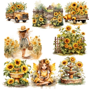 Puede incluir: Una pintura de acuarela que representa una escena caprichosa con girasoles, una ni&ntilde;a con un sombrero de paja, un cami&oacute;n amarillo y una fuente. Los girasoles est&aacute;n en diferentes etapas de floraci&oacute;n, algunos est&aacute;n completamente abiertos y otros todav&iacute;a en capullo. La ni&ntilde;a lleva un vestido azul y sostiene una cesta. El cami&oacute;n lleva una carga de girasoles. La fuente est&aacute; rodeada de girasoles y tiene una base de piedra.