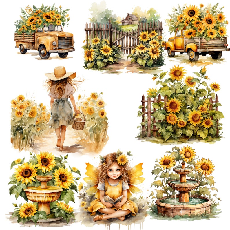 Puede incluir: Una pintura de acuarela que representa una escena caprichosa con girasoles, una ni&ntilde;a con un sombrero de paja, un cami&oacute;n amarillo y una fuente. Los girasoles est&aacute;n en diferentes etapas de floraci&oacute;n, algunos est&aacute;n completamente abiertos y otros todav&iacute;a en capullo. La ni&ntilde;a lleva un vestido azul y sostiene una cesta. El cami&oacute;n lleva una carga de girasoles. La fuente est&aacute; rodeada de girasoles y tiene una base de piedra.