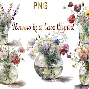 11 Flowers in a Glass Vase Clipart png, Digital Download, Digital planner, Mixed Media, Digital Paper Craft, Watercolor clipart, Flowers png