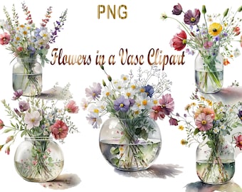 May include: Five watercolour illustrations of bouquets of wildflowers in glass jars and vases. The flowers are in shades of pink, purple, white, yellow, and red. The jars and vases are clear glass.