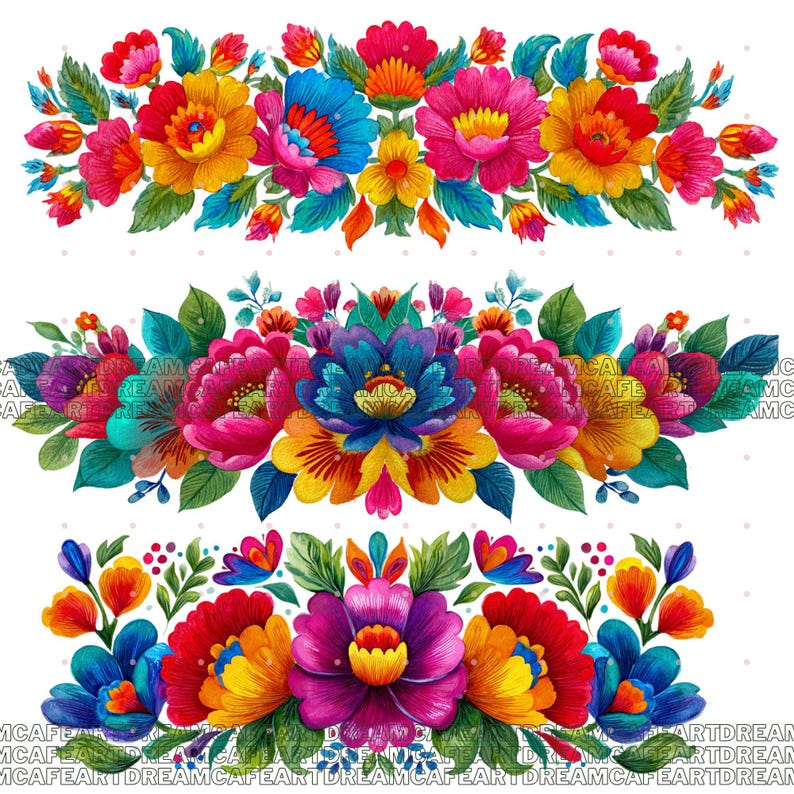 May include: Three colourful floral border designs. Each features flowers in shades of red, pink, yellow, and blue, with green leaves. The designs are set against a white background, showcasing the intricate details of the floral arrangements.