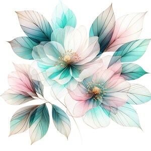 May include: A bouquet of delicate, translucent flowers in shades of pink, white, and teal. The flowers have a layered, almost ethereal appearance, with delicate veins and a soft, watercolor effect.