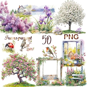 50 春の花の水彩画クリップアート PNG、春の庭の花 png、春の束のクリップアート、春の農場、スタックライブラリのクリップアート、魔法の本