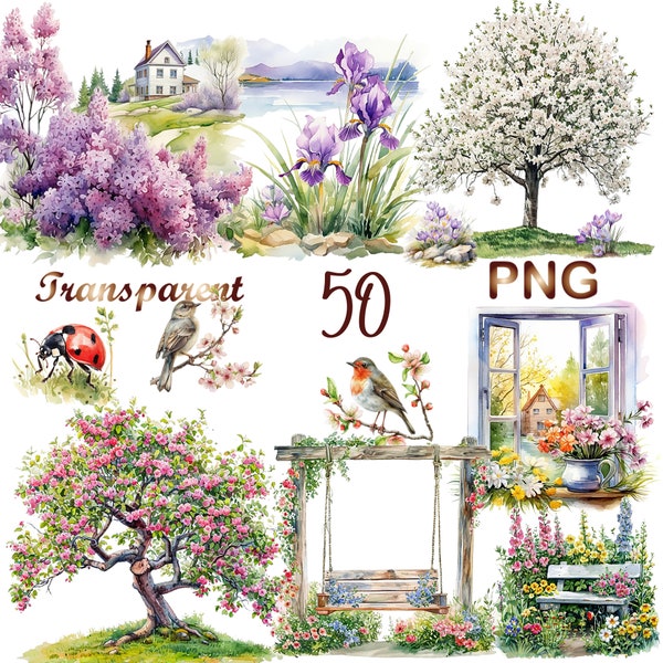 50 Spring Flowers Watercolor Clipart PNG, Spring Garden Flowers png, Spring Bundle clipart, Spring farm, stacklibrary clip art,Magic Books