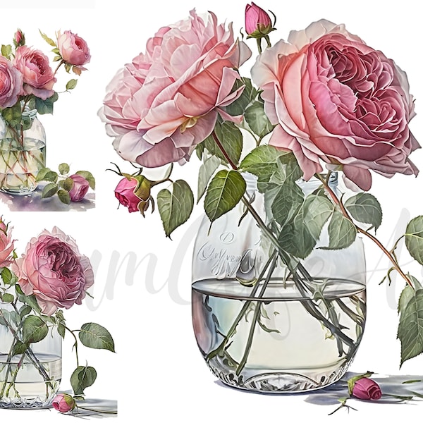 8 Roses in a Glass Vase Clipart, JPGs, Commercial use, Digital Download, Mixed Media, Digital Paper Craft, Watercolor clipart,Roses clipart