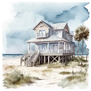 Peut inclure: Une peinture &agrave; l'aquarelle d'une maison de plage gris clair avec un toit en m&eacute;tal, situ&eacute;e sur pilotis au-dessus d'une plage de sable. La maison a une v&eacute;randa qui fait le tour et un escalier menant &agrave; la porte d'entr&eacute;e. Le ciel est bleu clair avec des nuages gris.