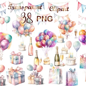 38 Aquarell Geburtstag Clipart, PNG, Geburtstagsparty Clipart, Happy Birthday PNG, Geburtstagsparty, Kommerzielle Nutzung, Digitaler Download