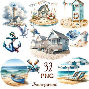 Ensemble de 32 cliparts de collection nautique aquarelle PNG, paquet de cliparts de plage, clipart de voyage, clipart océan, art de l'été, clipart nautique, usage commercial