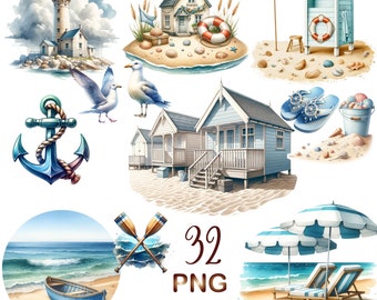 Ensemble de 32 cliparts de collection nautique aquarelle PNG, paquet de cliparts de plage, clipart de voyage, clipart océan, art de l'été, clipart nautique, usage commercial