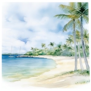 Peut inclure: Une peinture &agrave; l'aquarelle repr&eacute;sentant une sc&egrave;ne de plage tropicale avec des palmiers et des voiliers au loin. L'eau est bleu clair et le sable est blanc. Le ciel est bleu clair avec des nuages blancs.