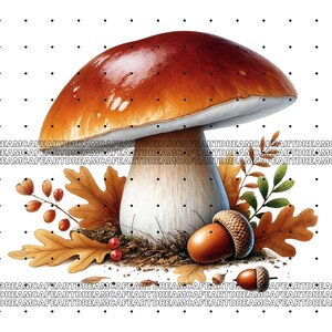 May include: A large brown and white mushroom with a white stem and a brown cap. The mushroom is surrounded by autumn leaves, acorns, and berries.