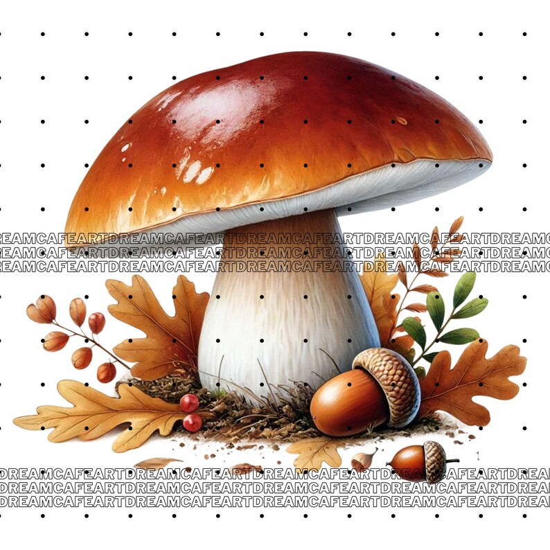 May include: A large brown and white mushroom with a white stem and a brown cap. The mushroom is surrounded by autumn leaves, acorns, and berries.