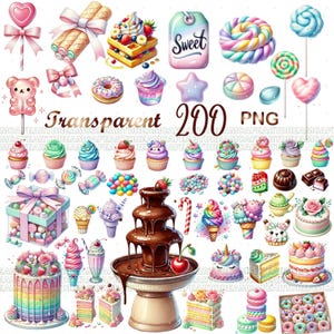 200 PNG Pastel Sweets Clipart Bundle – Candy Desserts, Cute Cakes, Ice Cream, Macarons, Lollipops, Digital Download, Commercial Use