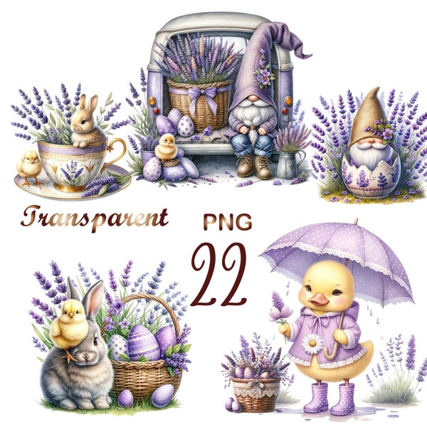 22 PNG, Easter Lavender clipart,easter bundle clipart, easter chicken clipart, easter gnome lavender,Easter rabbit Clipart, Commercial use