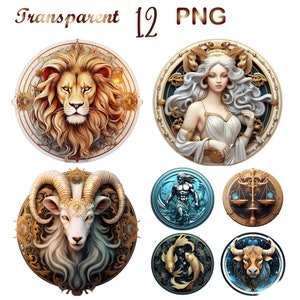 12 Zodiac Signs Clipart, Horoscope PNG, Clip Art Bundle, Astrological Elements, PNG for Magic & Astrology, Zodiac png, digital download