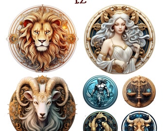 12 Zodiac Signs Clipart, Horoscope PNG, Clip Art Bundle, Astrological Elements, PNG for Magic & Astrology, Zodiac png, digital download