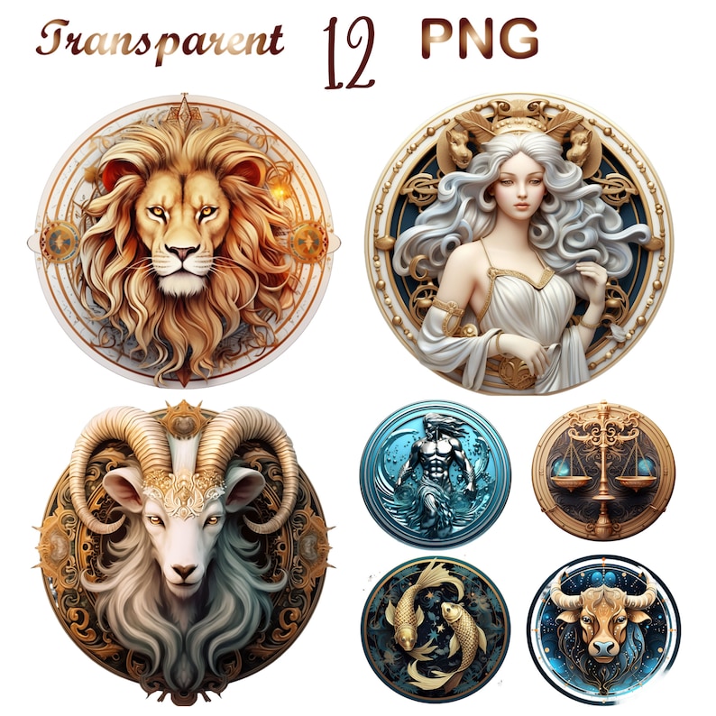 May include: Twelve zodiac signs illustrated in a circular frame with gold accents. Each sign features a detailed illustration of the zodiac animal or symbol, with a blue and gold color scheme.