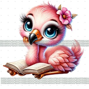 Op de afbeelding: Een roze flamingo met grote blauwe ogen en lange wimpers leest een boek. De flamingo draagt een roze bloem op zijn kop.