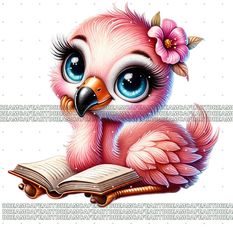 Op de afbeelding: Een roze flamingo met grote blauwe ogen en lange wimpers leest een boek. De flamingo draagt een roze bloem op zijn kop.