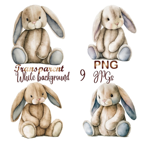 9 PNG/JPG, Cuddly Bunny Clipart, High Quality,Digital Planner,Paper crafts, Watercolor, Cute bunny clipart, bunny clipart, Toy bunny clipart