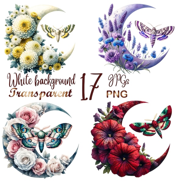 17 PNG/JPG, Flower Crescent and moth clipart bundle, Crescent and moth clipart, Commercial use,Digital Download,Watercolor Clipart