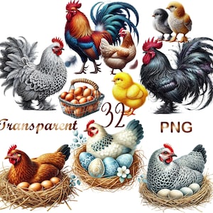 May include: A digital illustration of a collection of chickens and roosters. The illustration features a variety of breeds, including a black rooster, a white rooster, a brown hen, a gray hen, and a yellow chick. The chickens are depicted in various poses, including standing, sitting, and pecking at the ground. The illustration is set against a white background.