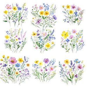 May include: Nine watercolor illustrations of floral bouquets. Each bouquet features a variety of colorful wildflowers, including yellow, pink, purple, and blue blooms, with green foliage. The arrangements are set against a white background.
