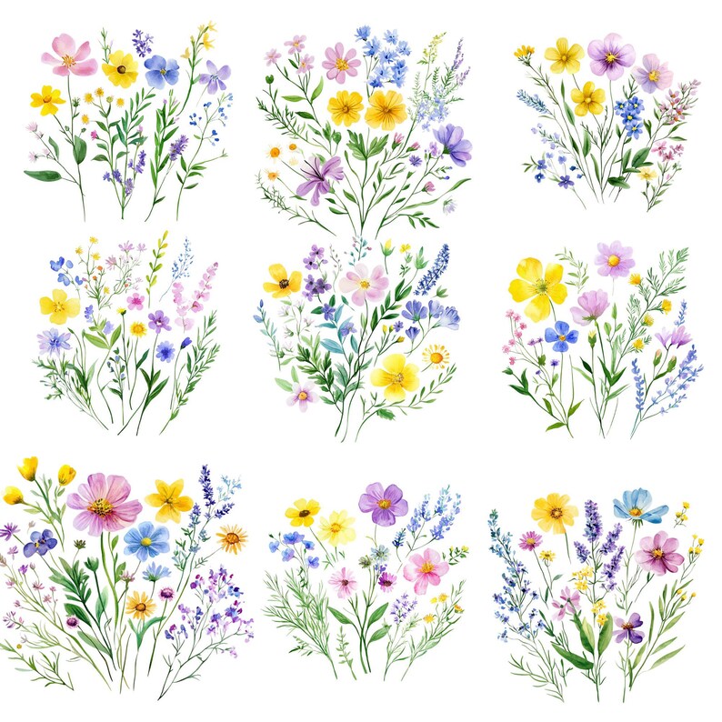 May include: Nine watercolor illustrations of floral bouquets. Each bouquet features a variety of colorful wildflowers, including yellow, pink, purple, and blue blooms, with green foliage. The arrangements are set against a white background.