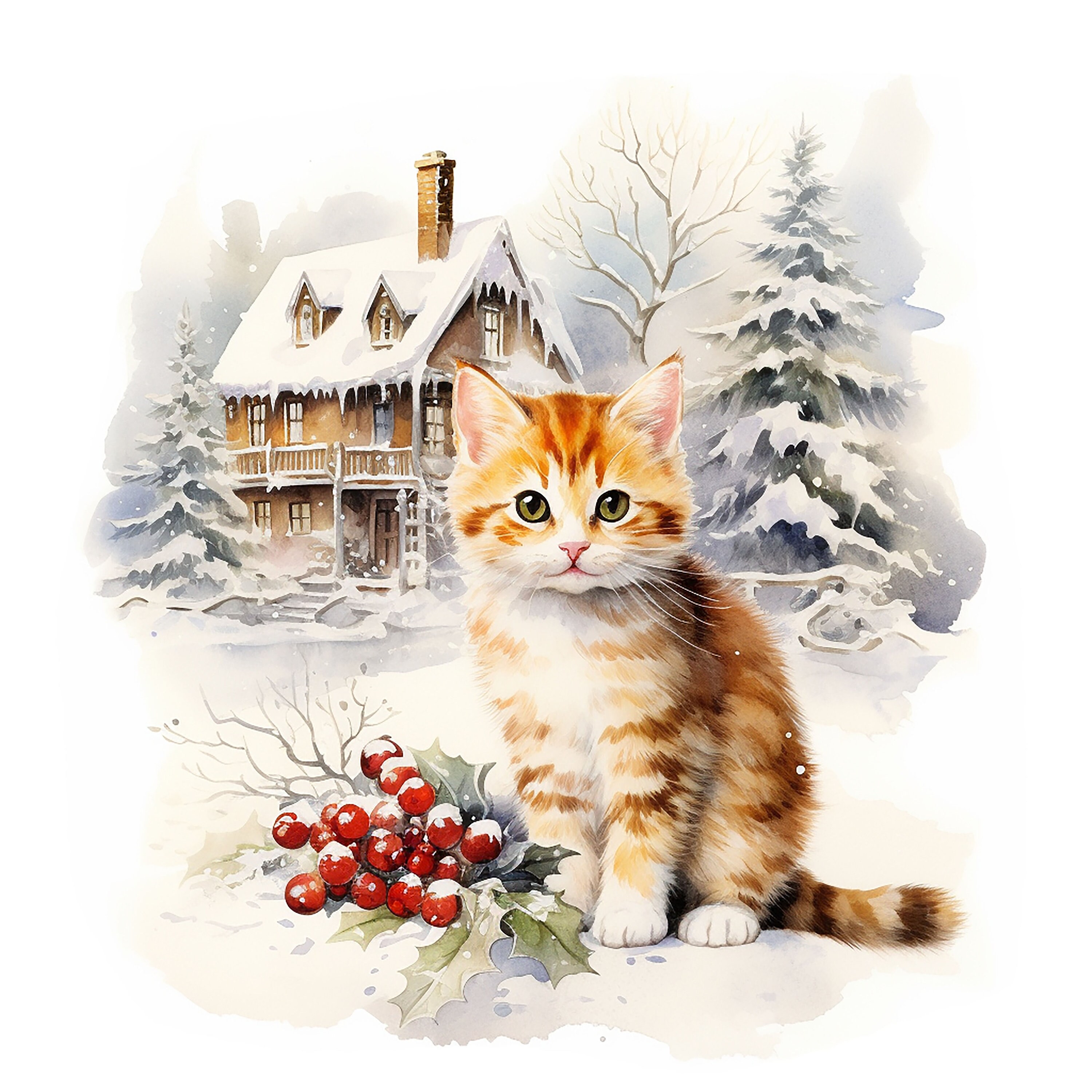 16 Winter Cat Clipart Jpgs, Printable Watercolor Clipart, Winter Cute ...