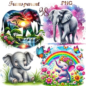 May include: Four digital illustrations featuring elephants. The first image shows a colorful elephant standing in a jungle scene with a waterfall. The second image shows a gray elephant standing in a field of flowers. The third image shows a gray elephant sitting in a field of flowers. The fourth image shows a gray elephant with a flower crown standing in front of a rainbow.