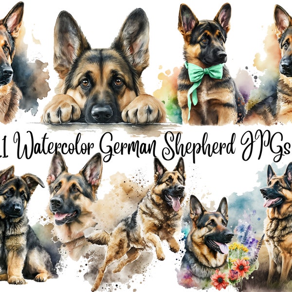 11 German Shepherd Clipart JPGs, High Quality JPGs, Watercolor Clipart, Digital Download, Card Making,Clip Art, Digital Paper Craft, Bulldog