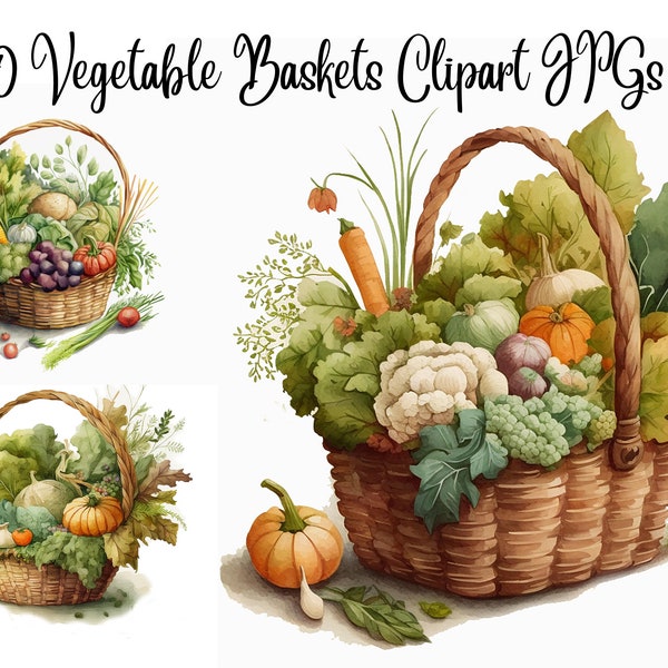 10 Vegetable Baskets clipart, Harvest Clipart, JPGs, Commercial use, Digital Download,Watercolor Clipart,Card Making,Clip Art,Digital Craft