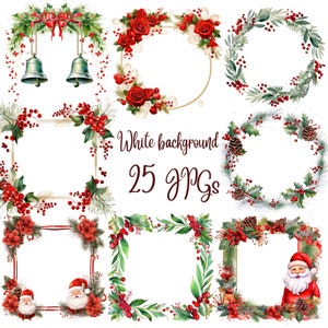 Op de afbeelding: Een set van 25 digitale kerstkransen met witte achtergronden. De kransen zijn versierd met rode bessen, hulst, dennenappels en andere feestelijke elementen. Sommige kransen bevatten Sinterklaas en bellen.