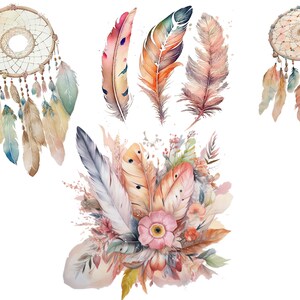 May include: Watercolour illustration of dreamcatchers, feathers, and flowers in shades of pink, brown, and blue. The dreamcatchers have a circular shape with a web-like design and feathers hanging from the bottom. The feathers are in various sizes and shapes, and the flowers are in bloom.