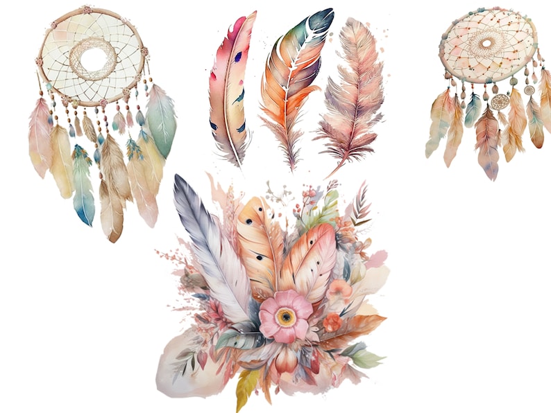 May include: Watercolour illustration of dreamcatchers, feathers, and flowers in shades of pink, brown, and blue. The dreamcatchers have a circular shape with a web-like design and feathers hanging from the bottom. The feathers are in various sizes and shapes, and the flowers are in bloom.