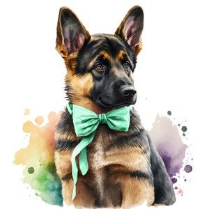 May include: A watercolor painting of a German Shepherd puppy wearing a light green bow tie. The puppy is looking to the right of the image. The background is a watercolor wash of yellow, orange, green, and purple.