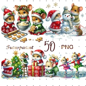 Christmas Mice Clipart bundle 50 PNG, Holiday Mouse Graphic design, Cute Christmas Mice, Festive clipart, Digital Download, Commercial Use