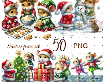 Christmas Mice Clipart bundle 50 PNG, Holiday Mouse Graphic design, Cute Christmas Mice, Festive clipart, Digital Download, Commercial Use