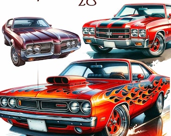 28 Automotive clipart bundle, Classic Muscle American Car PNG Clipart,Retro Car Lover Images, Vintage 70's 80's Car Collection,Legendary Car
