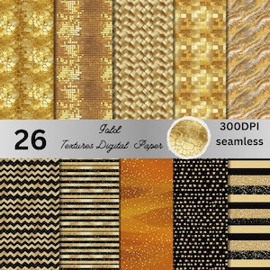 26 Carta digitale oro senza soluzione di continuità, Confezione di carta stampabile in stile glamour, Confezione di album di ritagli in tessuto nero e oro chic, Eleganza rococò con pavone dorato