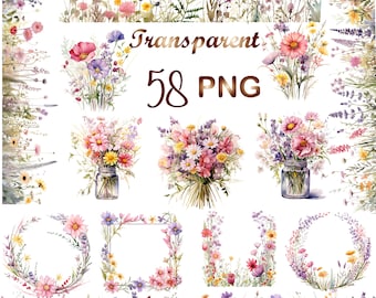 58 Pastel Watercolor Wildflowers Clipart PNG, Wildflowers  bouquet, Wildflowers Border clipart, Frame art, Digital Download,Commercial Use
