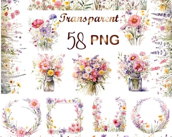 58 Watercolor Wildflowers Clipart PNG, Wildflowers  bouquet Clip art, Wildflowers Border clipart, Frame art, Digital Download,Commercial Use