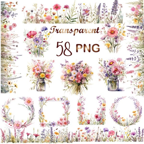 58 aquarelle fleurs sauvages Clipart PNG, clipart bouquet de fleurs sauvages, fleurs sauvages bordure clipart, art du cadre, téléchargement numérique, usage commercial